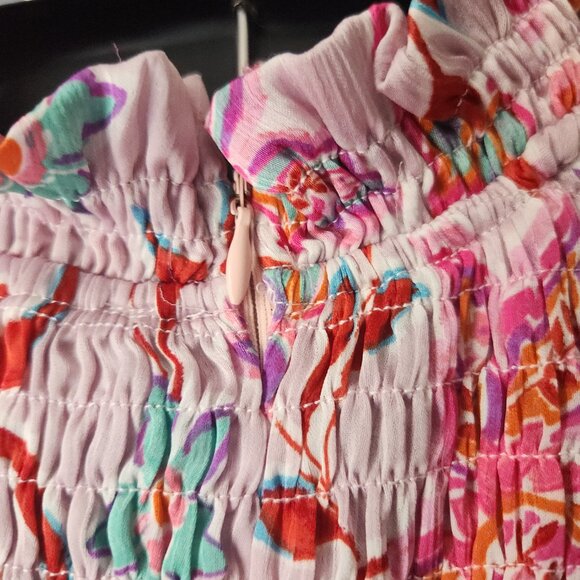 FATE The Label Pink Multi Floral Smocked Bodice Ruffle Tiered Dress Small - Picture 6 of 6